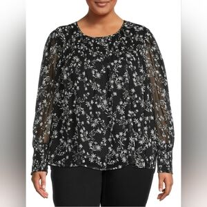 Terra & Sky Black Floral Smocked Chiffon Top Plus Size 1x
